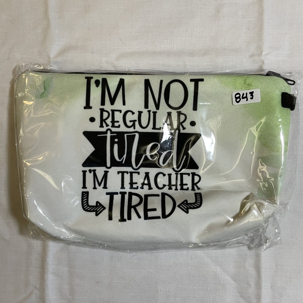 The Pouch Teacher Tired Makeup Bag White Green NWT Zippered Travel Case